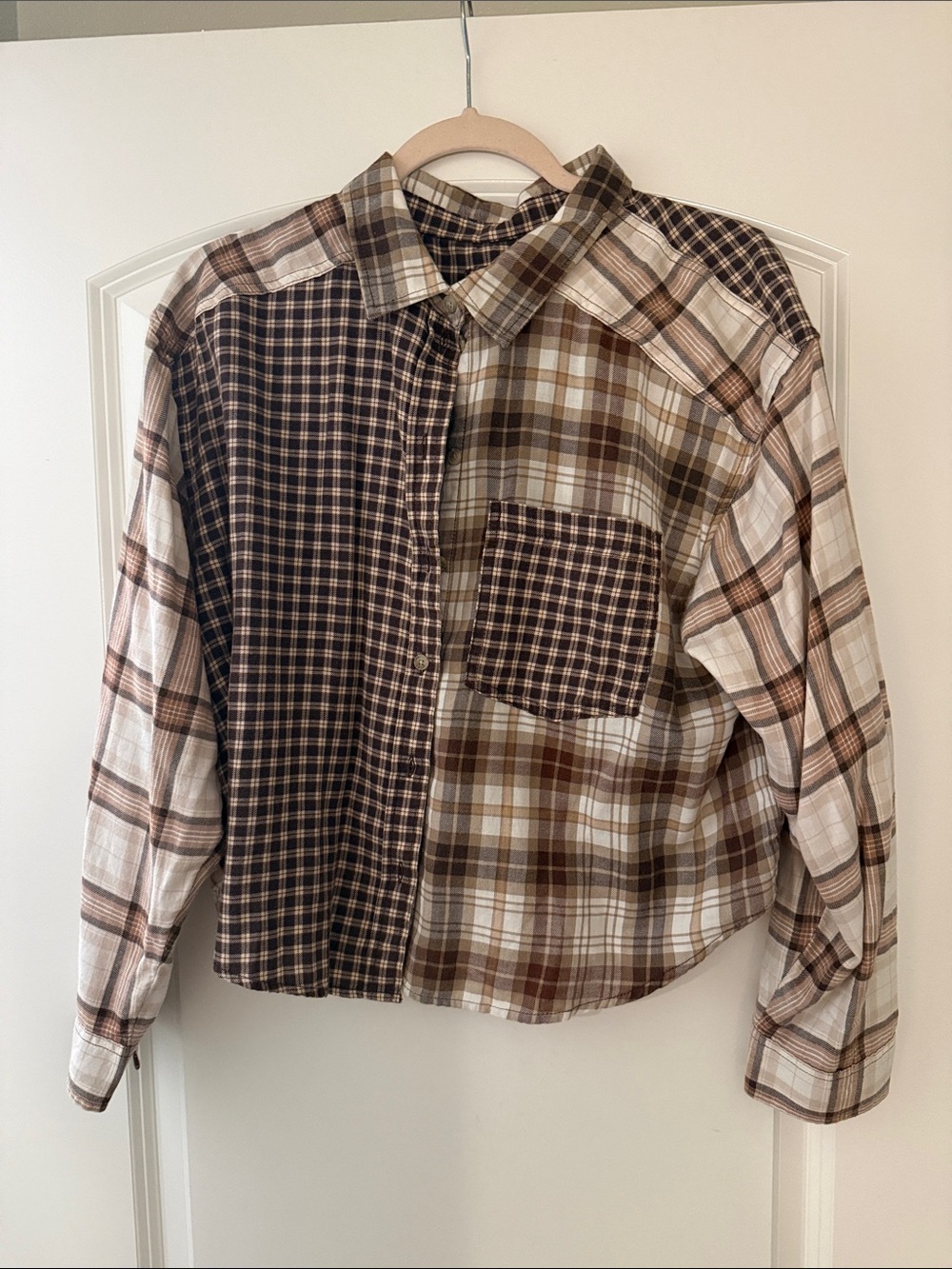 American Eagle Outfitters Brown and Cream Mixed Plaid Button-Down Shirt